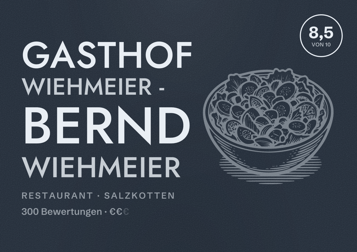 Illustriertes Poster von Gasthof Wiehmeier - Bernd Wiehmeier, Restaurant in Salzkotten: Bewertung 8,5 von 10 aus 300 Bewertungen, Preisniveau €€