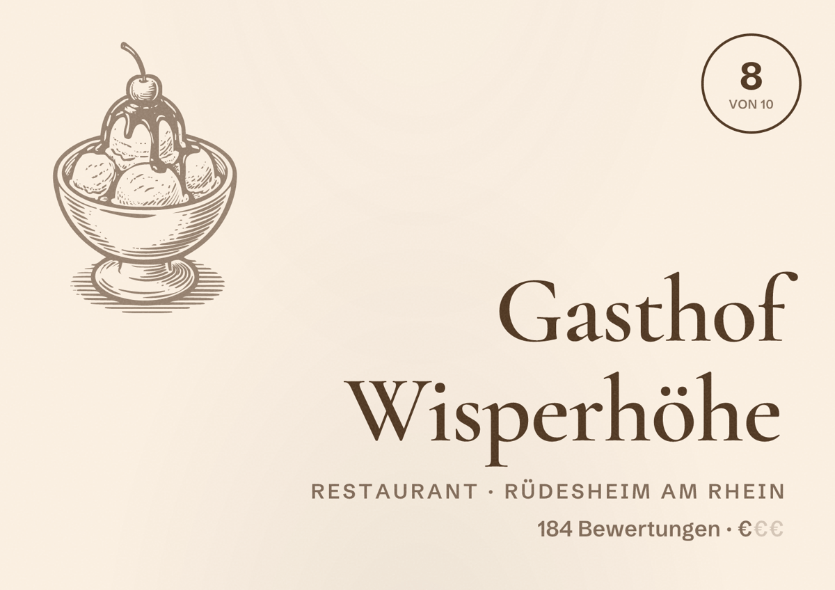 Illustriertes Poster von Gasthof Wisperhöhe, Restaurant in Rüdesheim am Rhein: Bewertung 8 von 10 aus 184 Bewertungen, Preisniveau €