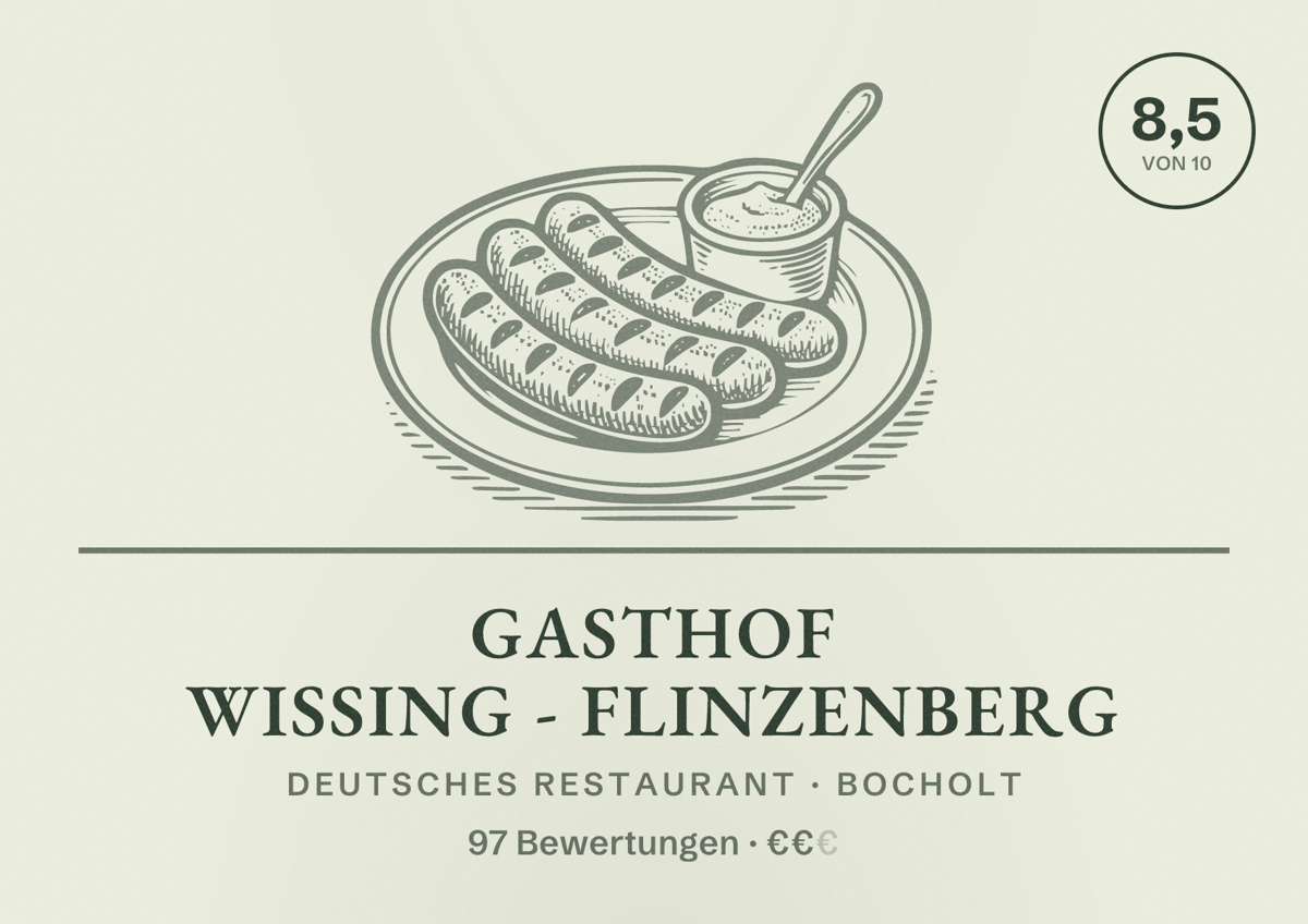 Illustriertes Poster von Gasthof Wissing - Flinzenberg, Deutsches Restaurant in Bocholt: Bewertung 8,5 von 10 aus 97 Bewertungen, Preisniveau €€