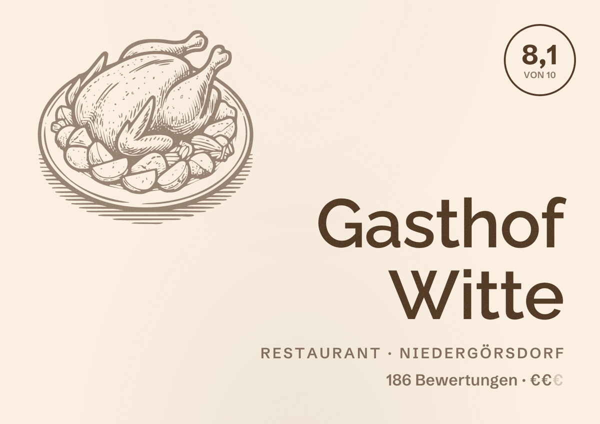 Illustriertes Poster von Gasthof Witte, Restaurant in Niedergörsdorf: Bewertung 8,1 von 10 aus 186 Bewertungen, Preisniveau €€
