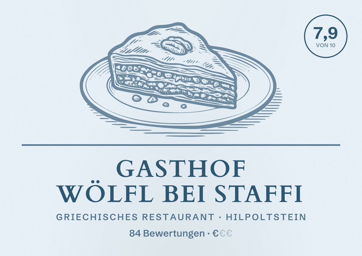 Illustriertes Poster von Gasthof Wölfl bei Staffi, Griechisches Restaurant in Hilpoltstein: Bewertung 7,9 von 10 aus 84 Bewertungen, Preisniveau €