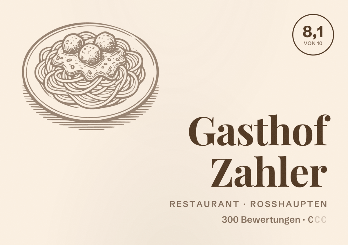 Illustriertes Poster von Gasthof Zahler, Restaurant in Roßhaupten: Bewertung 8,1 von 10 aus 300 Bewertungen, Preisniveau €