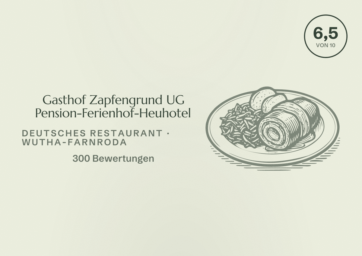Illustriertes Poster von Gasthof Zapfengrund UG Pension-Ferienhof-Heuhotel, Deutsches Restaurant in Wutha-Farnroda: Bewertung 6,5 von 10 aus 300 Bewertungen