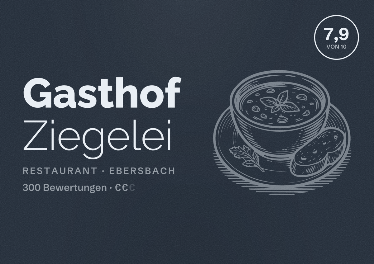 Illustriertes Poster von Gasthof Ziegelei, Restaurant in Ebersbach: Bewertung 7,9 von 10 aus 300 Bewertungen, Preisniveau €€