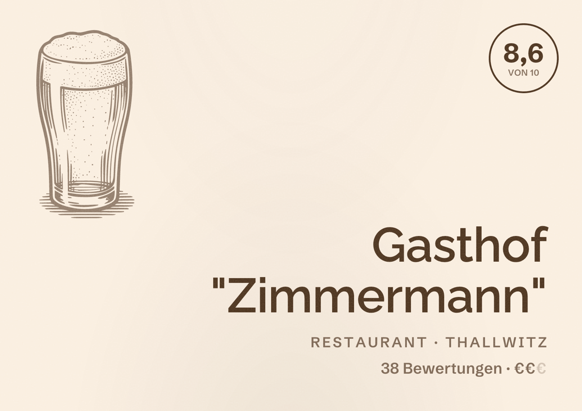 Illustriertes Poster von Gasthof "Zimmermann", Restaurant in Thallwitz: Bewertung 8,6 von 10 aus 38 Bewertungen, Preisniveau €€