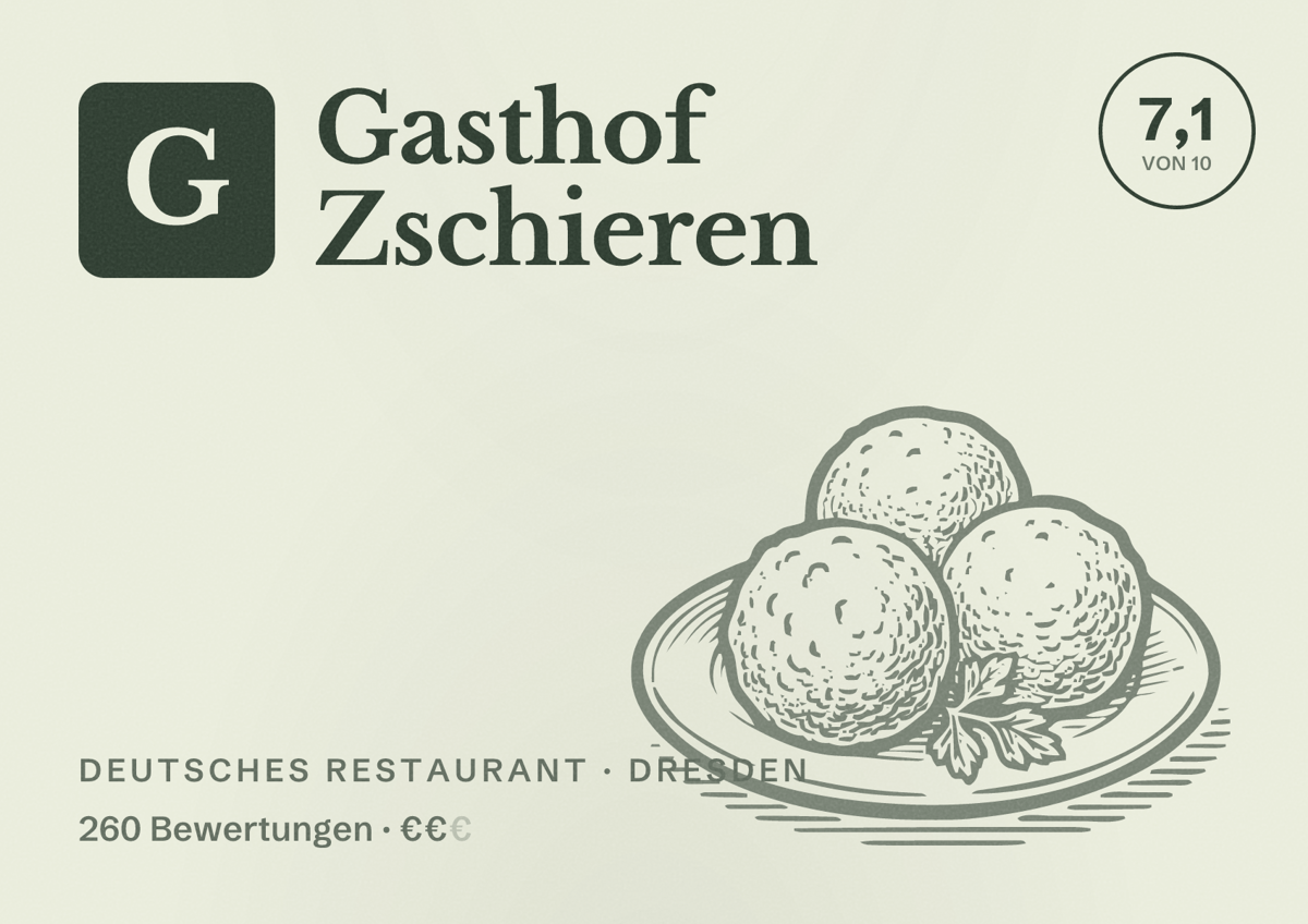 Illustriertes Poster von Gasthof Zschieren, Deutsches Restaurant in Dresden: Bewertung 7,1 von 10 aus 260 Bewertungen, Preisniveau €€