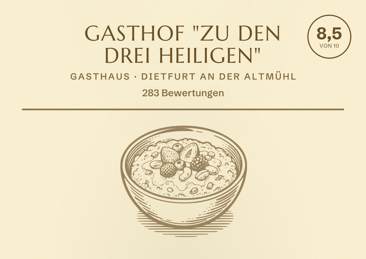 Illustriertes Poster von Gasthof "Zu den drei Heiligen", Gasthaus in Dietfurt an der Altmühl: Bewertung 8,5 von 10 aus 283 Bewertungen