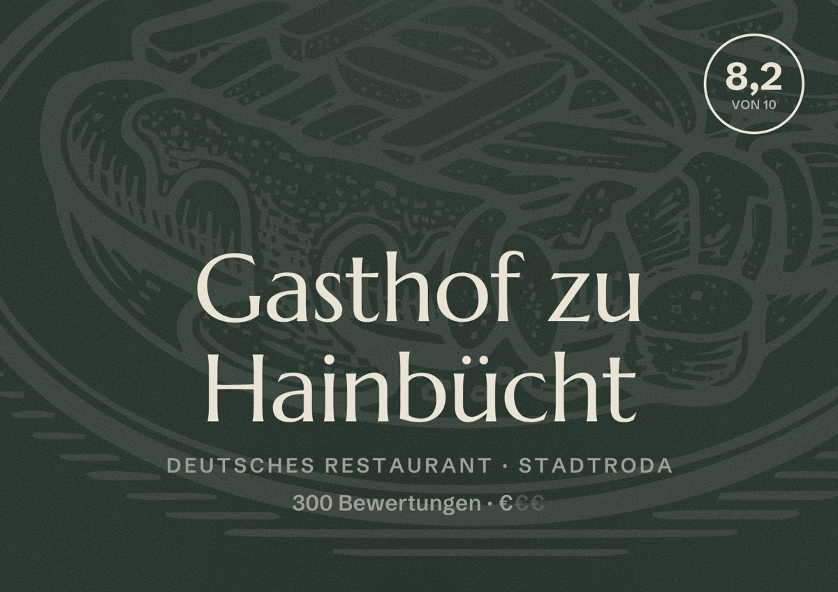 Illustriertes Poster von Gasthof zu Hainbücht, Deutsches Restaurant in Stadtroda: Bewertung 8,2 von 10 aus 300 Bewertungen, Preisniveau €