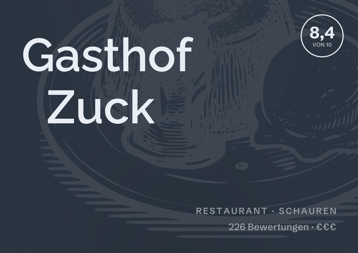 Illustriertes Poster von Gasthof Zuck, Restaurant in Schauren: Bewertung 8,4 von 10 aus 226 Bewertungen, Preisniveau €€€