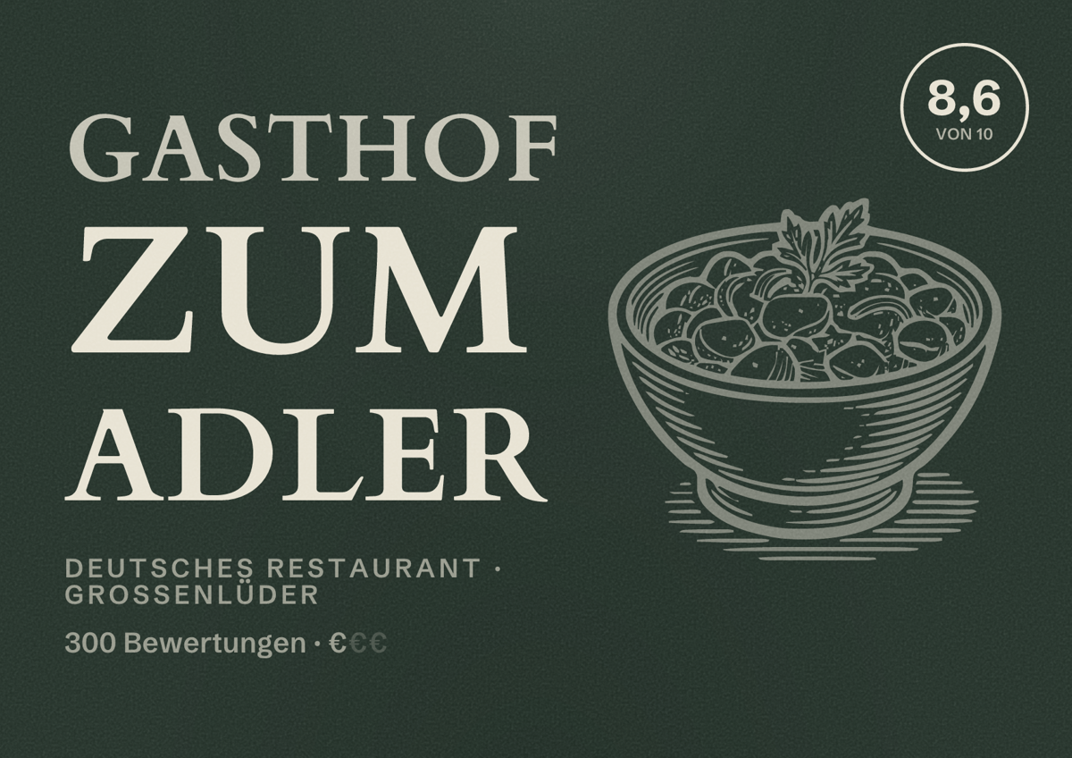 Illustriertes Poster von Gasthof zum Adler, Deutsches Restaurant in Großenlüder: Bewertung 8,6 von 10 aus 300 Bewertungen, Preisniveau €