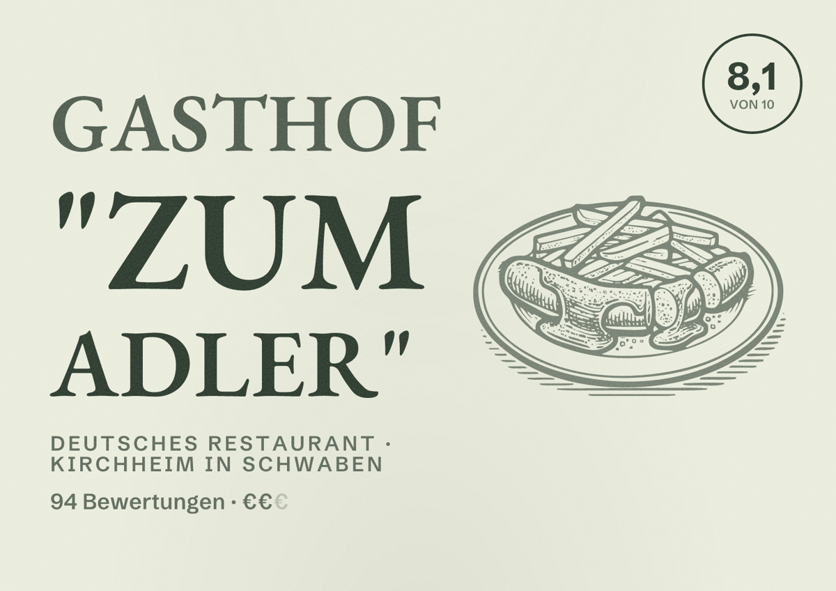 Illustriertes Poster von Gasthof "Zum Adler", Deutsches Restaurant in Kirchheim in Schwaben: Bewertung 8,1 von 10 aus 94 Bewertungen, Preisniveau €€