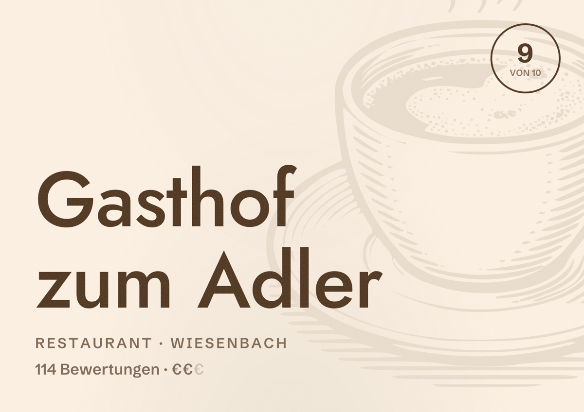 Illustriertes Poster von Gasthof zum Adler, Restaurant in Wiesenbach: Bewertung 9 von 10 aus 114 Bewertungen, Preisniveau €€
