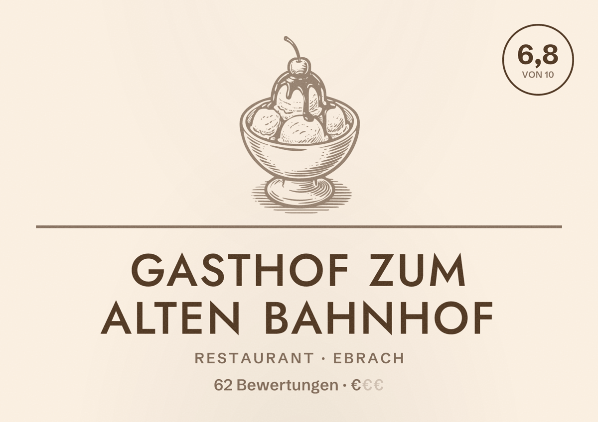 Illustriertes Poster von Gasthof Zum Alten Bahnhof, Restaurant in Ebrach: Bewertung 6,8 von 10 aus 62 Bewertungen, Preisniveau €