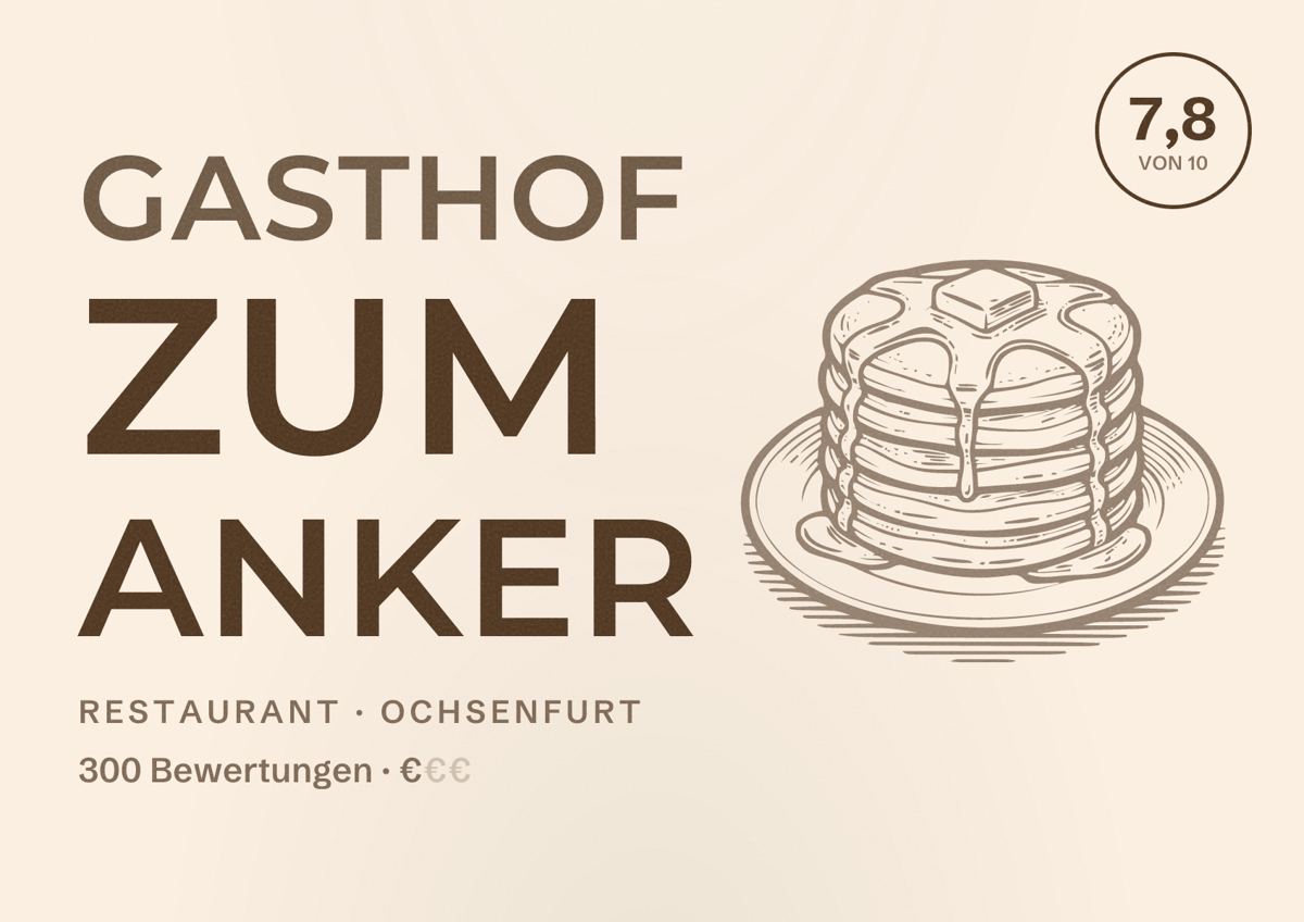 Illustriertes Poster von Gasthof zum Anker, Restaurant in Ochsenfurt: Bewertung 7,8 von 10 aus 300 Bewertungen, Preisniveau €