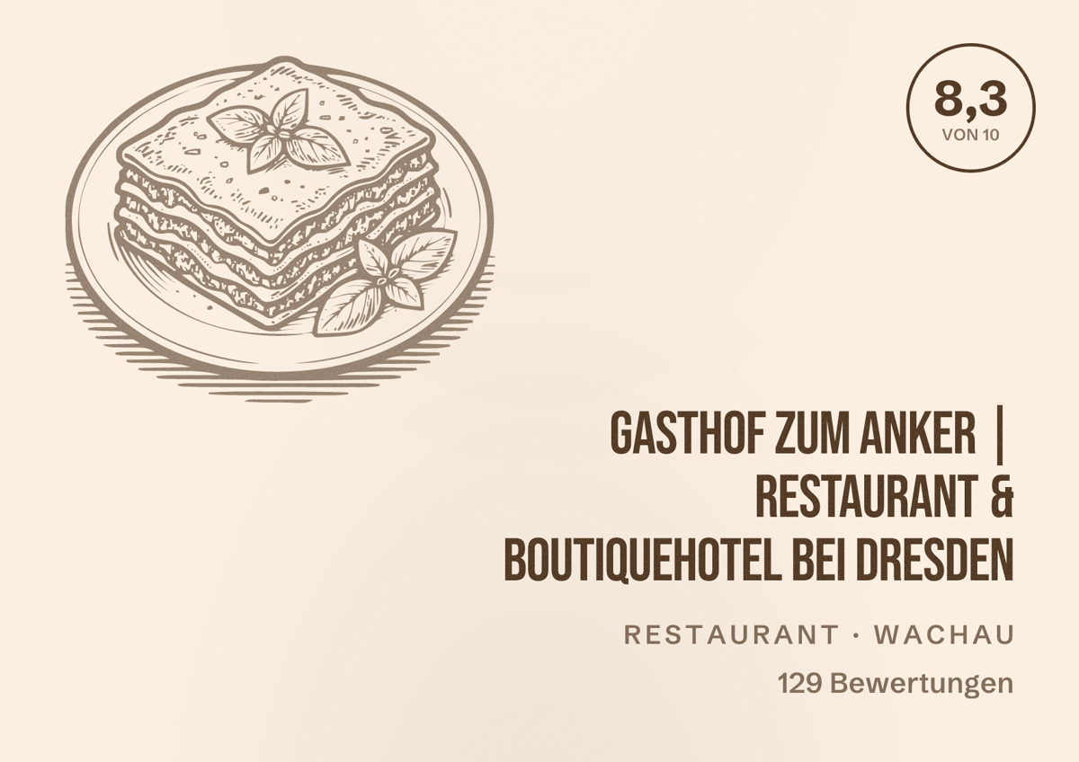 Illustriertes Poster von Gasthof zum Anker | Restaurant & Boutiquehotel bei Dresden, Restaurant in Wachau: Bewertung 8,3 von 10 aus 129 Bewertungen