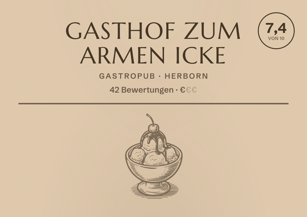 Illustriertes Poster von Gasthof Zum Armen Icke, Gastropub in Herborn: Bewertung 7,4 von 10 aus 42 Bewertungen, Preisniveau €