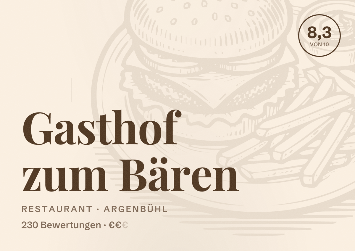 Illustriertes Poster von Gasthof zum Bären, Restaurant in Argenbühl: Bewertung 8,3 von 10 aus 230 Bewertungen, Preisniveau €€