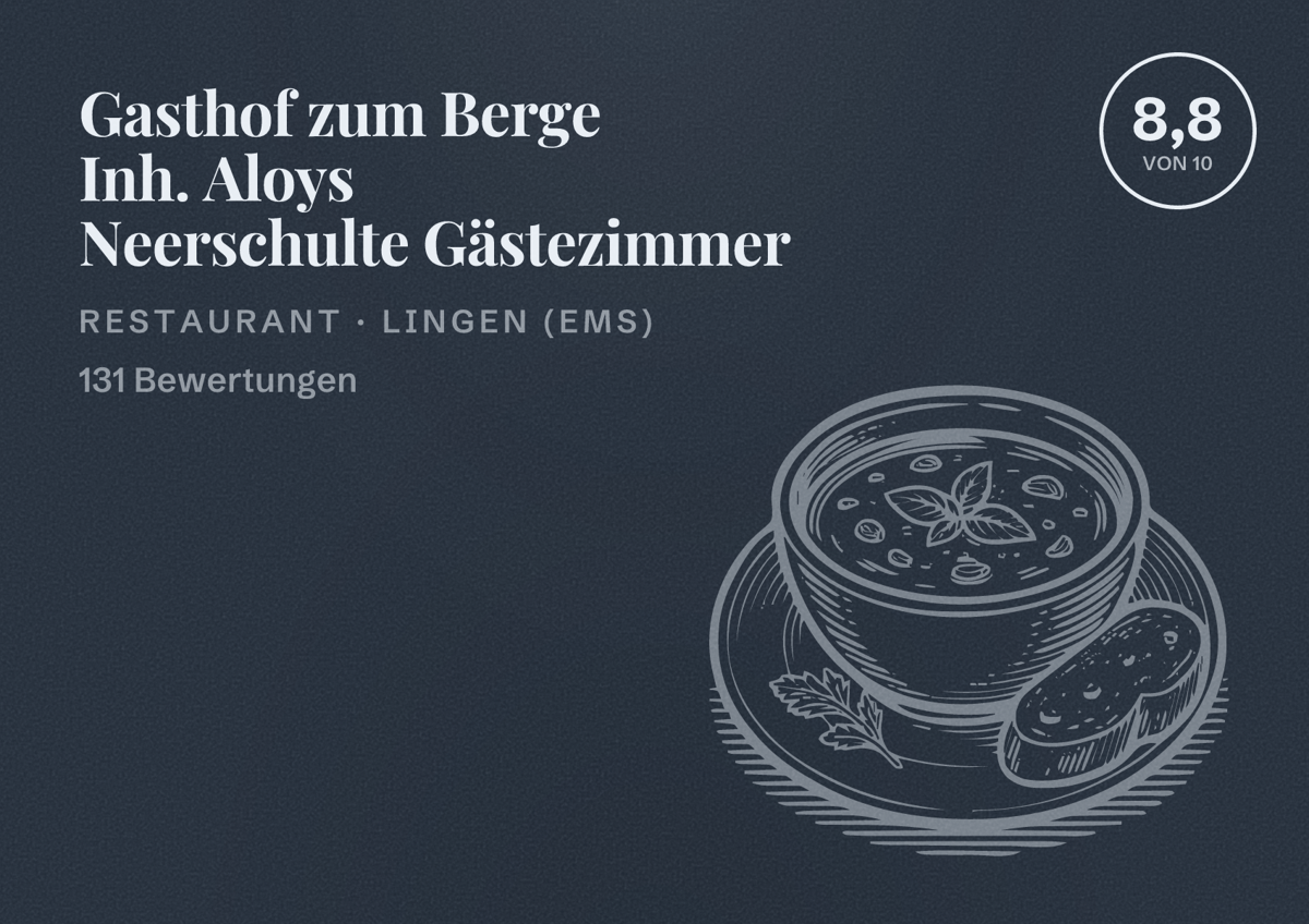 Illustriertes Poster von Gasthof zum Berge Inh. Aloys Neerschulte Gästezimmer, Restaurant in Lingen (Ems): Bewertung 8,8 von 10 aus 131 Bewertungen