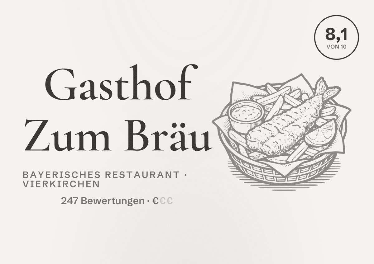 Illustriertes Poster von Gasthof Zum Bräu, Bayerisches Restaurant in Vierkirchen: Bewertung 8,1 von 10 aus 247 Bewertungen, Preisniveau €
