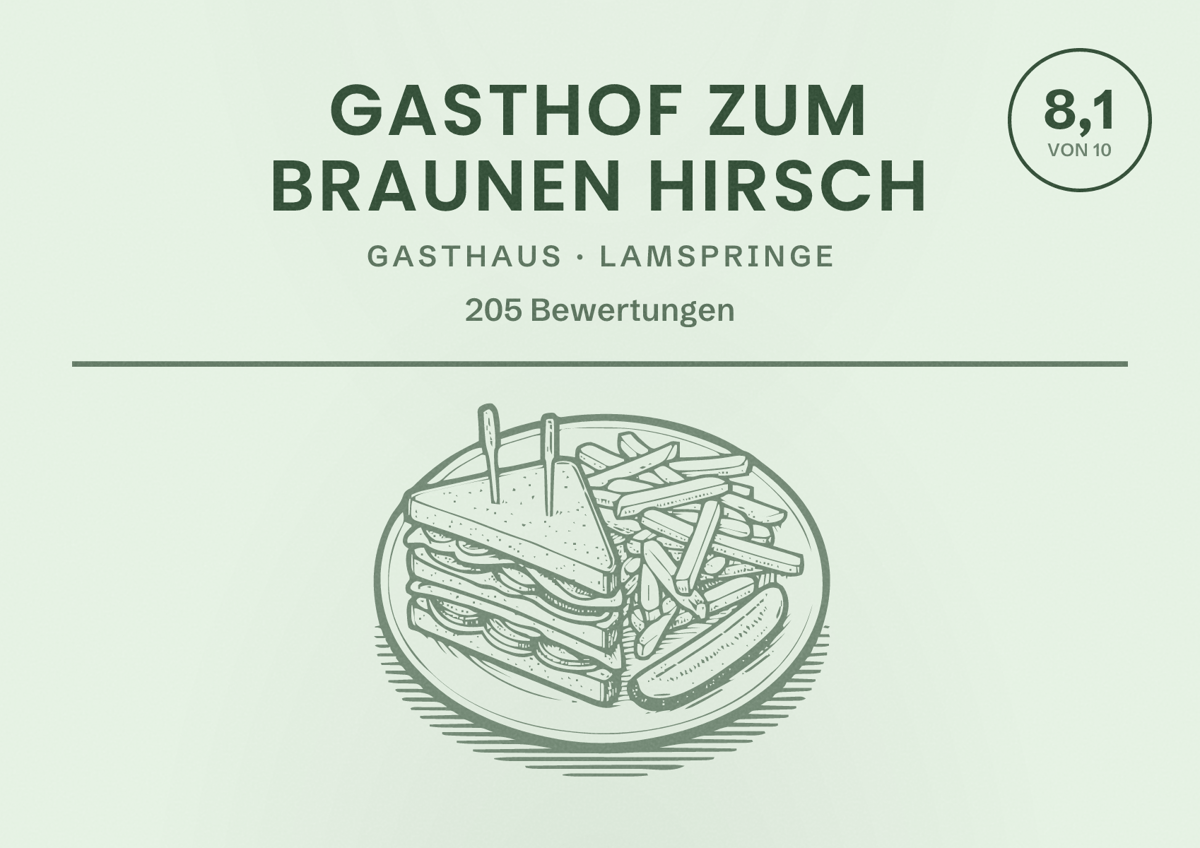 Illustriertes Poster von Gasthof Zum braunen Hirsch, Gasthaus in Lamspringe: Bewertung 8,1 von 10 aus 205 Bewertungen