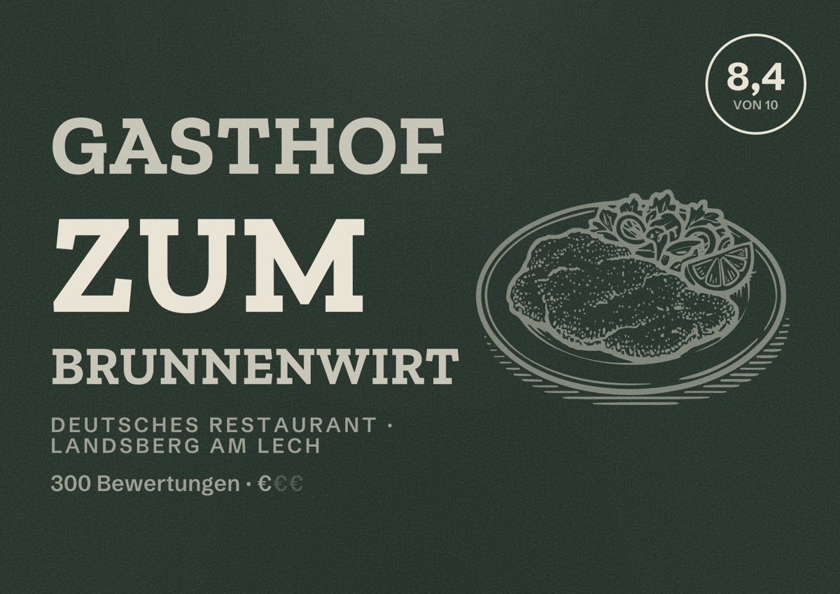 Illustriertes Poster von Gasthof zum Brunnenwirt, Deutsches Restaurant in Landsberg am Lech: Bewertung 8,4 von 10 aus 300 Bewertungen, Preisniveau €