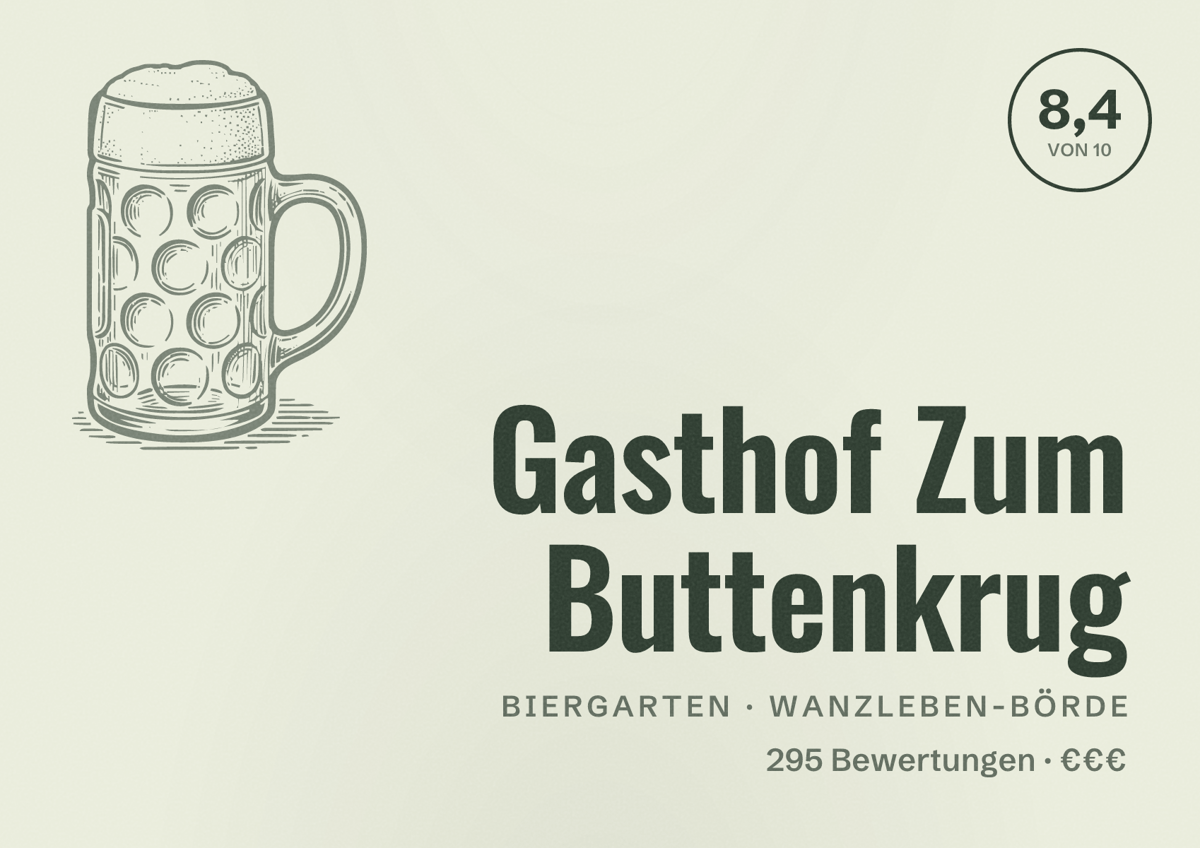 Illustriertes Poster von Gasthof Zum Buttenkrug, Biergarten in Wanzleben-Börde: Bewertung 8,4 von 10 aus 295 Bewertungen, Preisniveau €€€