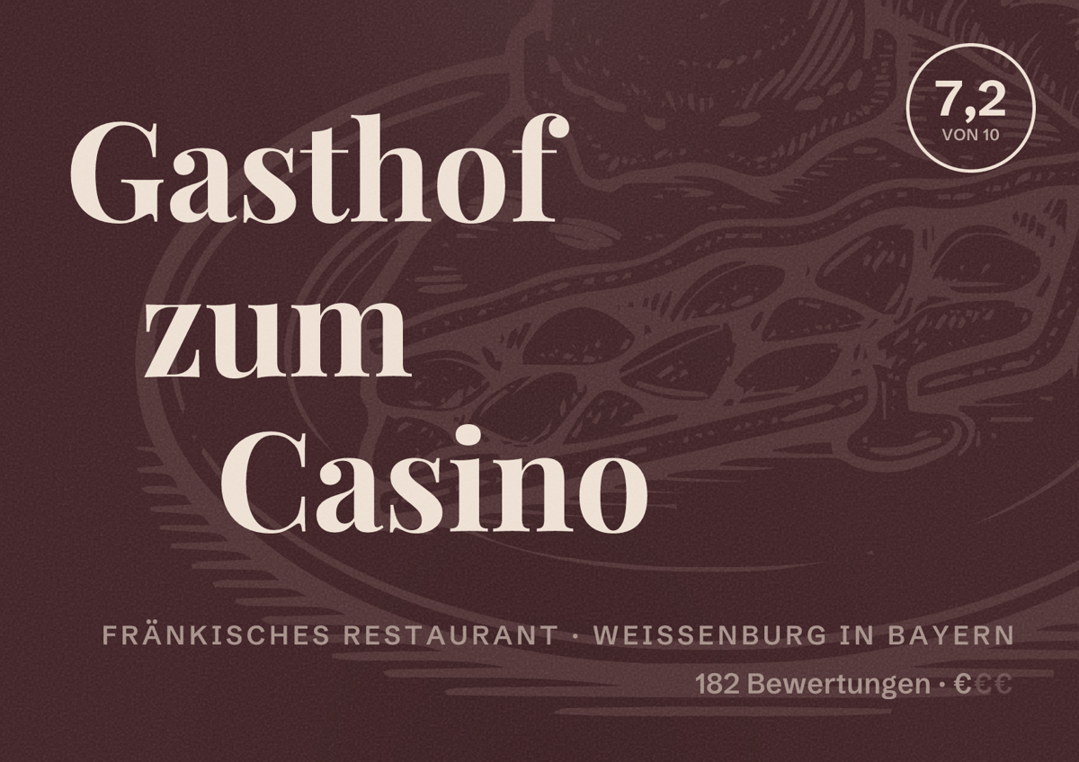 Illustriertes Poster von Gasthof zum Casino, Fränkisches Restaurant in Weißenburg in Bayern: Bewertung 7,2 von 10 aus 182 Bewertungen, Preisniveau €