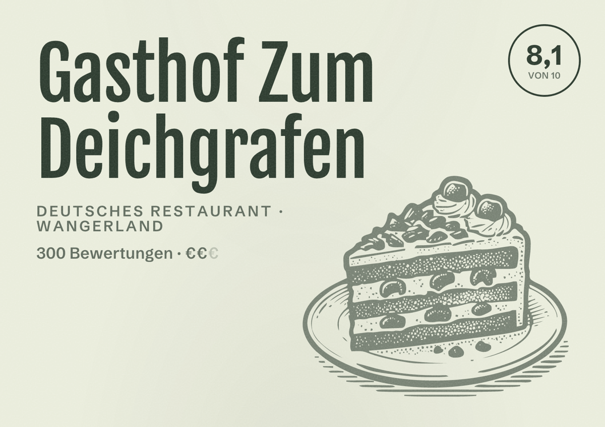 Illustriertes Poster von Gasthof Zum Deichgrafen, Deutsches Restaurant in Wangerland: Bewertung 8,1 von 10 aus 300 Bewertungen, Preisniveau €€