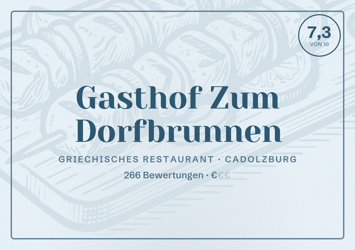 Illustriertes Poster von Gasthof Zum Dorfbrunnen, Griechisches Restaurant in Cadolzburg: Bewertung 7,3 von 10 aus 266 Bewertungen, Preisniveau €