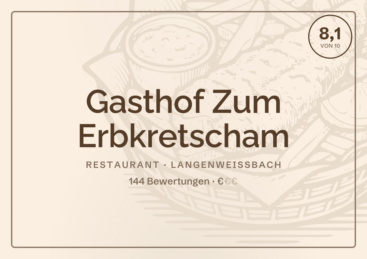Illustriertes Poster von Gasthof Zum Erbkretscham, Restaurant in Langenweißbach: Bewertung 8,1 von 10 aus 144 Bewertungen, Preisniveau €