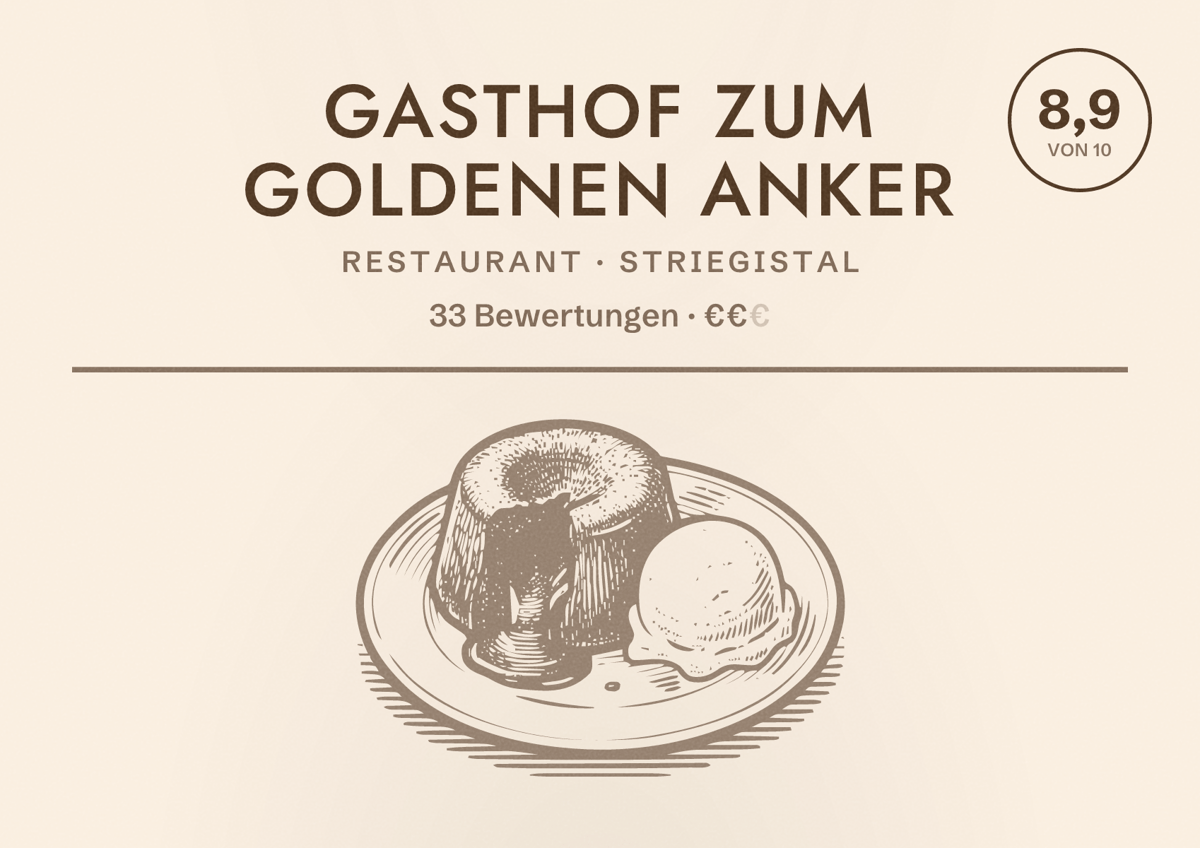 Illustriertes Poster von Gasthof zum Goldenen Anker, Restaurant in Striegistal: Bewertung 8,9 von 10 aus 33 Bewertungen, Preisniveau €€