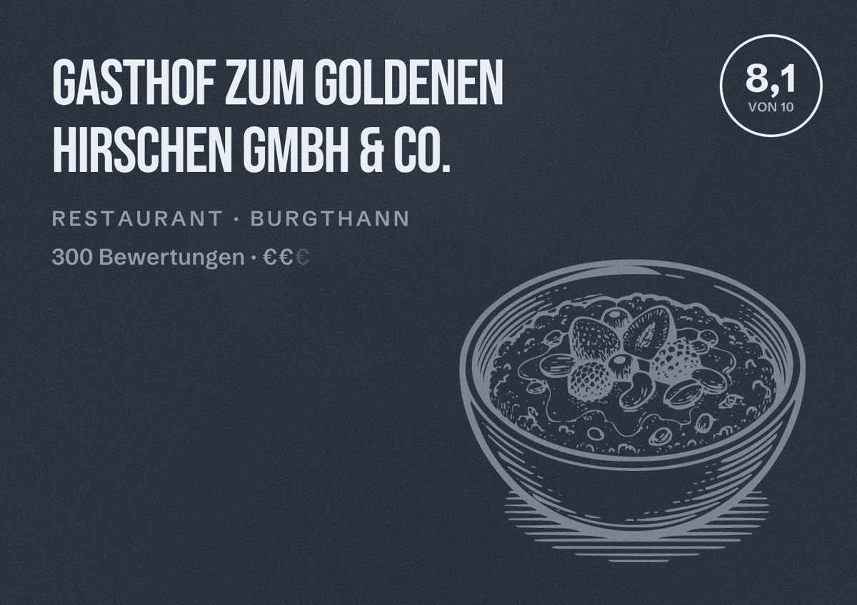 Illustriertes Poster von Gasthof zum Goldenen Hirschen GmbH & Co., Restaurant in Burgthann: Bewertung 8,1 von 10 aus 300 Bewertungen, Preisniveau €€