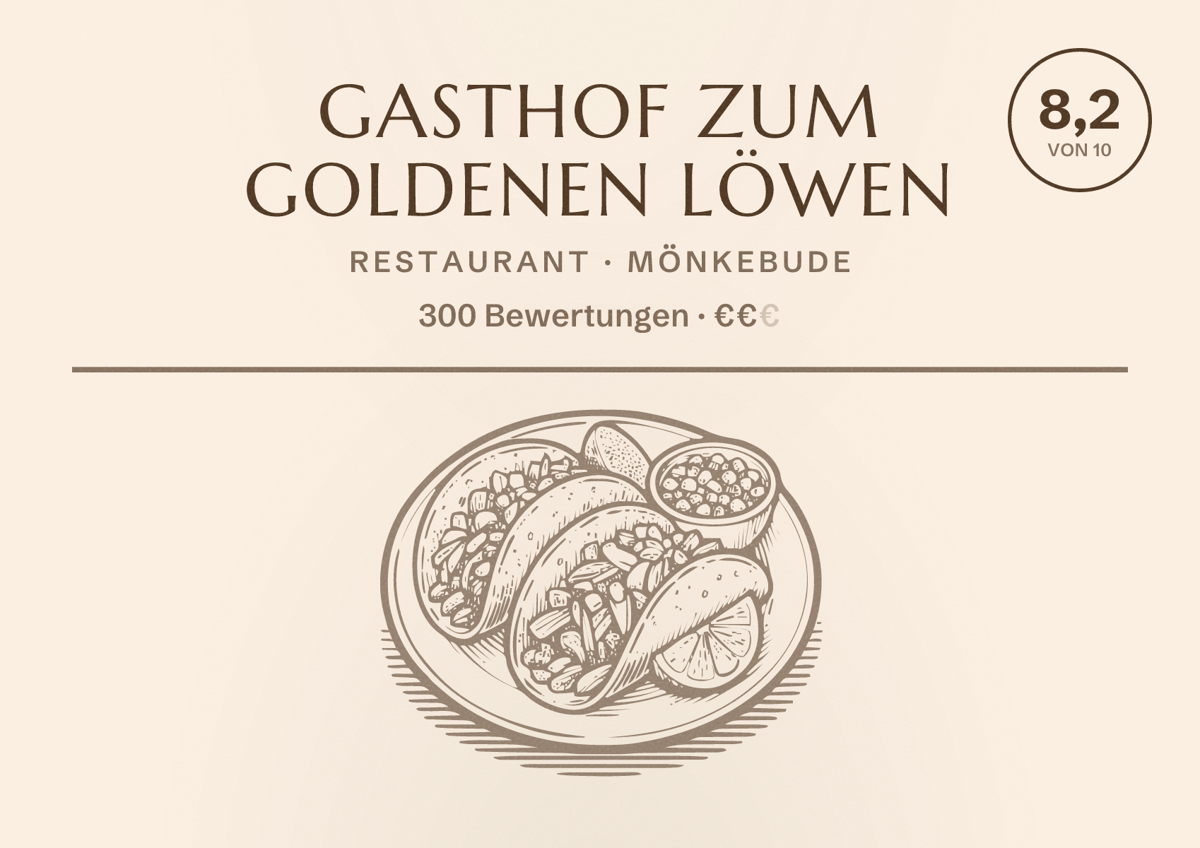 Illustriertes Poster von Gasthof Zum Goldenen Löwen, Restaurant in Mönkebude: Bewertung 8,2 von 10 aus 300 Bewertungen, Preisniveau €€