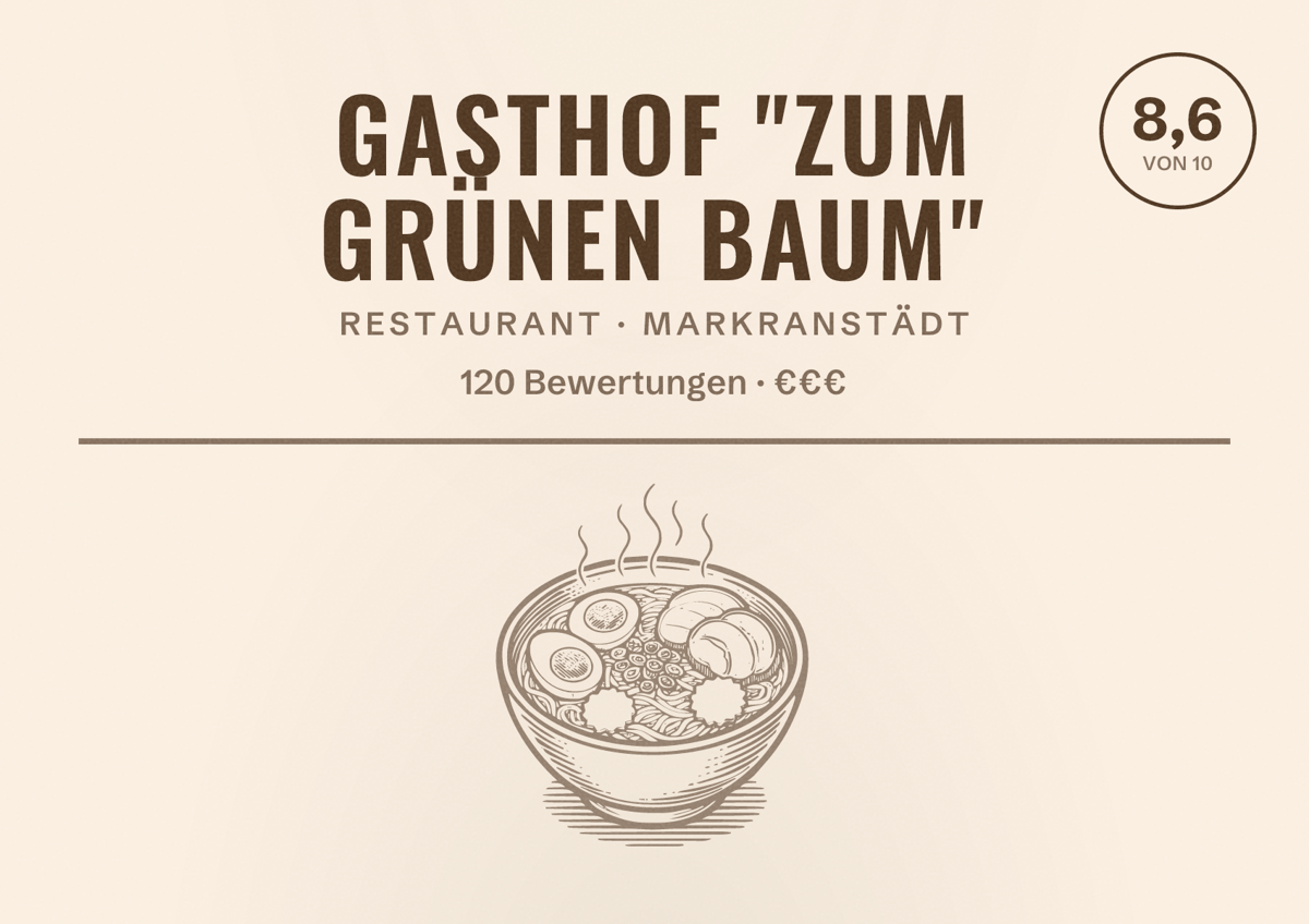 Illustriertes Poster von Gasthof "Zum Grünen Baum", Restaurant in Markranstädt: Bewertung 8,6 von 10 aus 120 Bewertungen, Preisniveau €€€