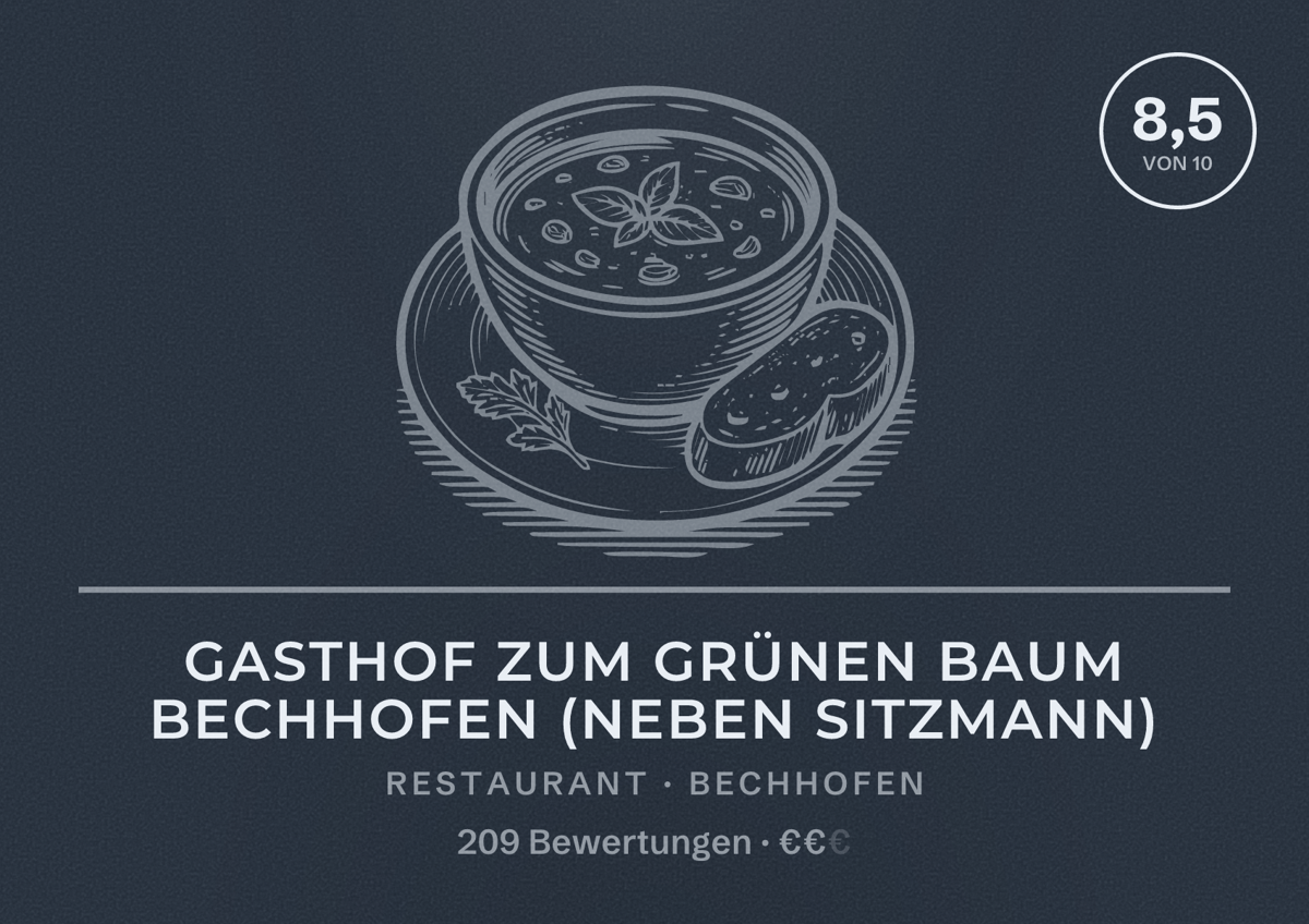Illustriertes Poster von Gasthof zum grünen Baum Bechhofen (neben Sitzmann), Restaurant in Bechhofen: Bewertung 8,5 von 10 aus 209 Bewertungen, Preisniveau €€
