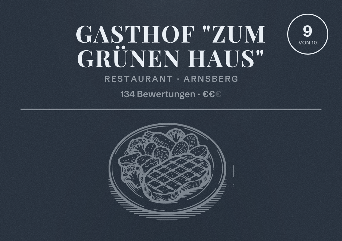 Illustriertes Poster von Gasthof "Zum Grünen Haus", Restaurant in Arnsberg: Bewertung 9 von 10 aus 134 Bewertungen, Preisniveau €€