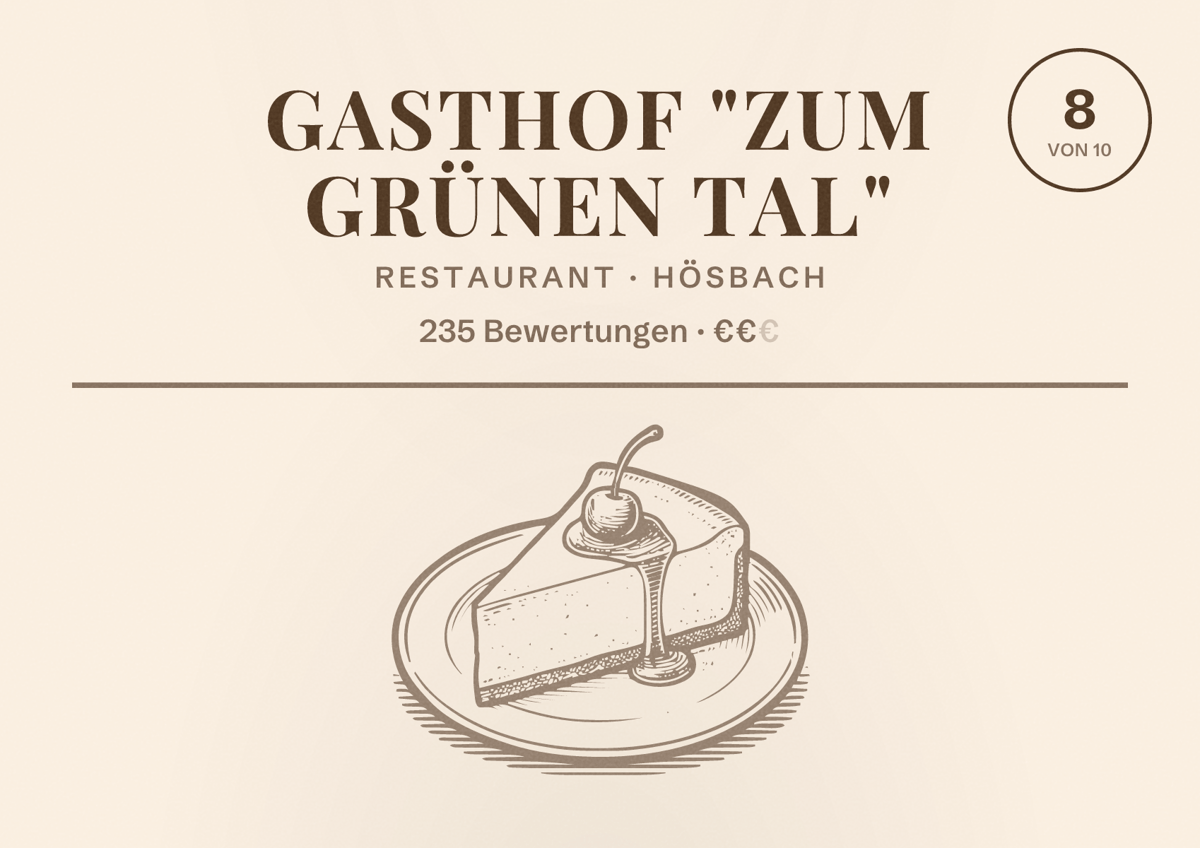 Illustriertes Poster von Gasthof "Zum Grünen Tal", Restaurant in Hösbach: Bewertung 8 von 10 aus 235 Bewertungen, Preisniveau €€
