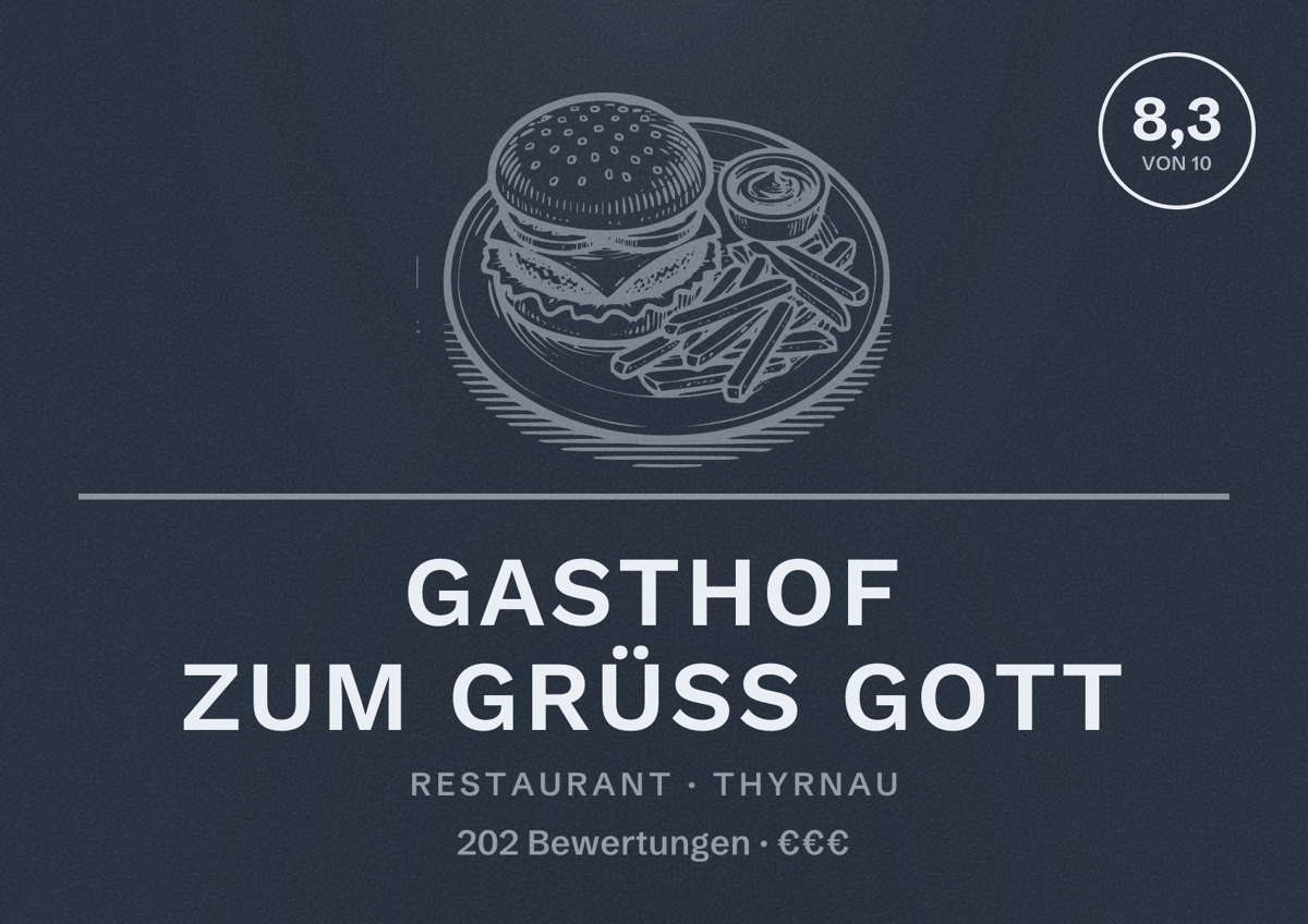 Illustriertes Poster von Gasthof zum Grüß Gott, Restaurant in Thyrnau: Bewertung 8,3 von 10 aus 202 Bewertungen, Preisniveau €€€