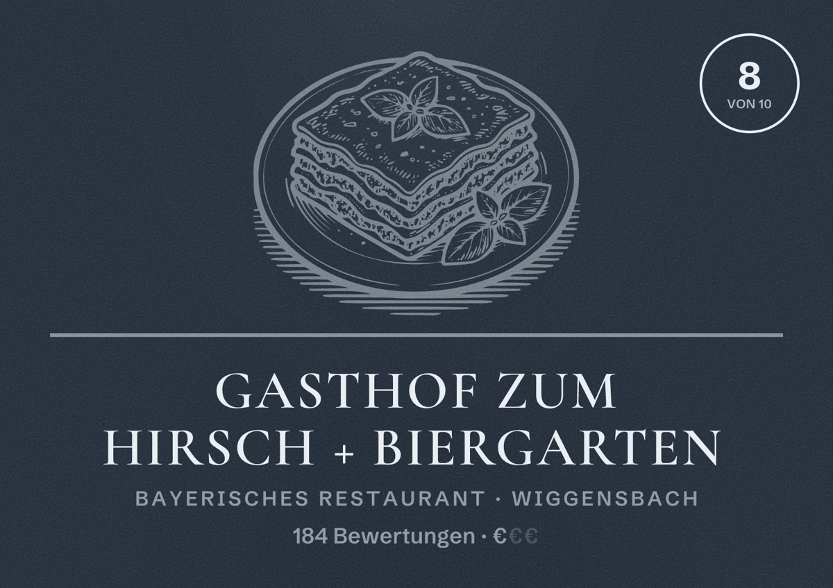 Illustriertes Poster von Gasthof Zum Hirsch + Biergarten, Bayerisches Restaurant in Wiggensbach: Bewertung 8 von 10 aus 184 Bewertungen, Preisniveau €