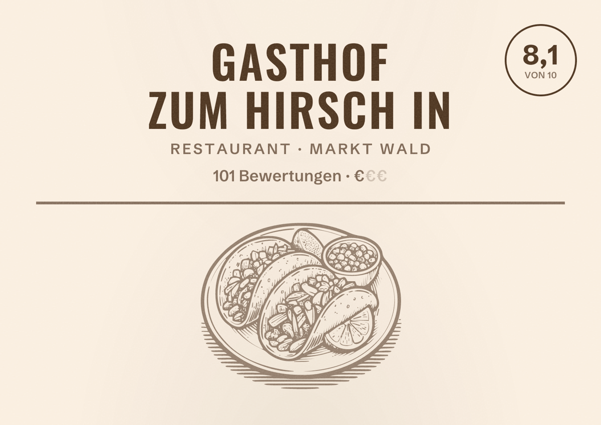 Illustriertes Poster von Gasthof Zum Hirsch in, Restaurant in Markt Wald: Bewertung 8,1 von 10 aus 101 Bewertungen, Preisniveau €