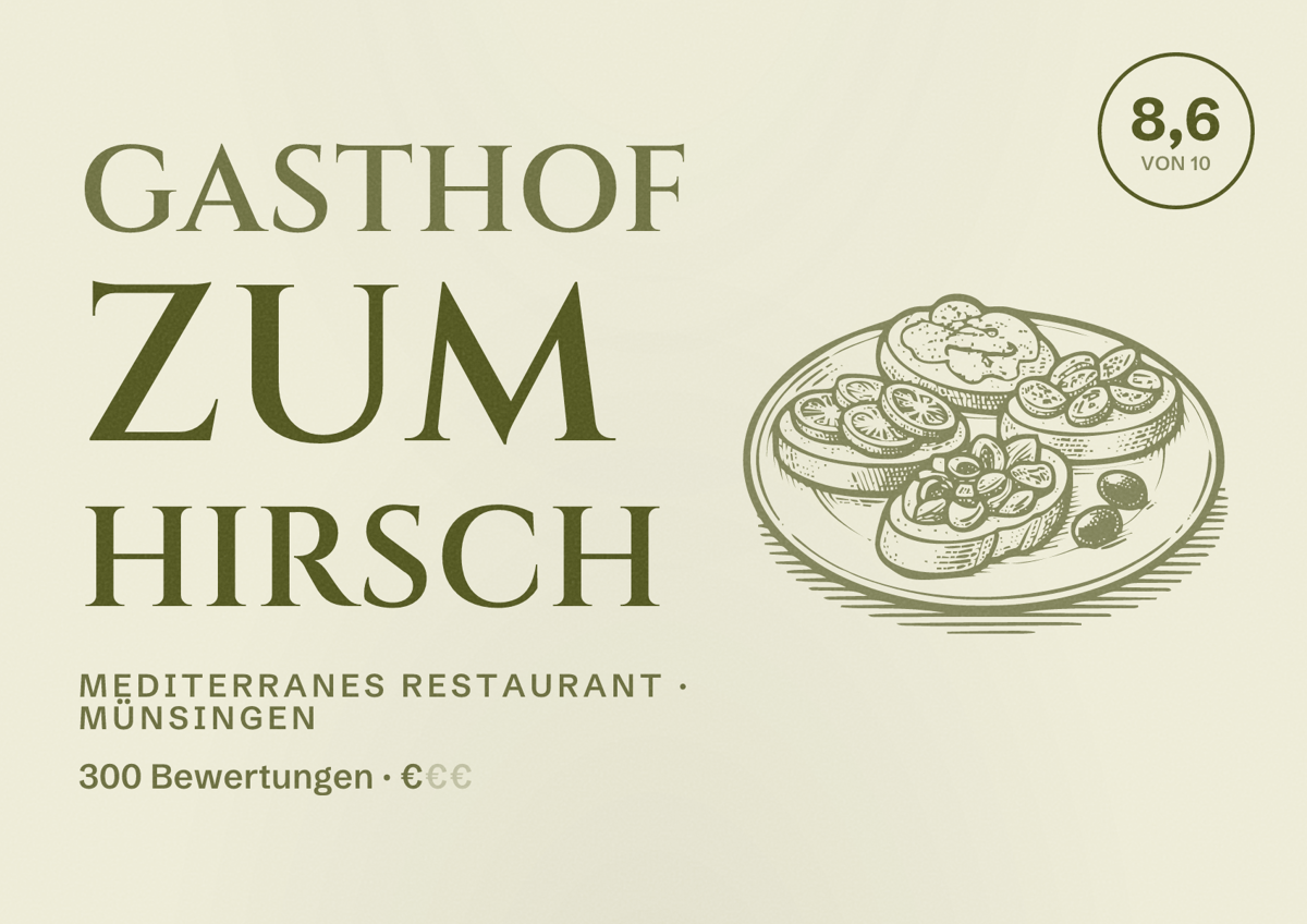 Illustriertes Poster von Gasthof zum Hirsch, Mediterranes Restaurant in Münsingen: Bewertung 8,6 von 10 aus 300 Bewertungen, Preisniveau €