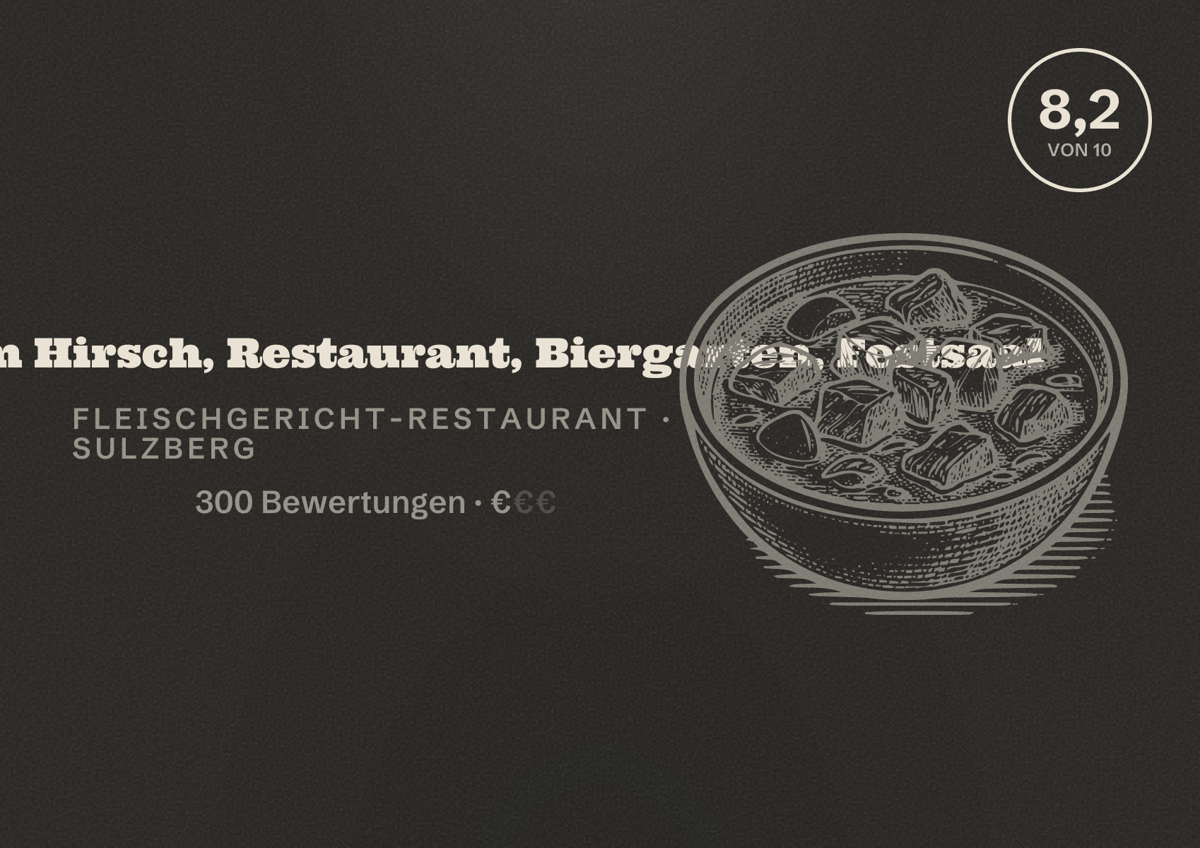 Illustriertes Poster von Gasthof zum Hirsch, Restaurant, Biergarten, Festsaal, Fleischgericht-Restaurant in Sulzberg: Bewertung 8,2 von 10 aus 300 Bewertungen, Preisniveau €
