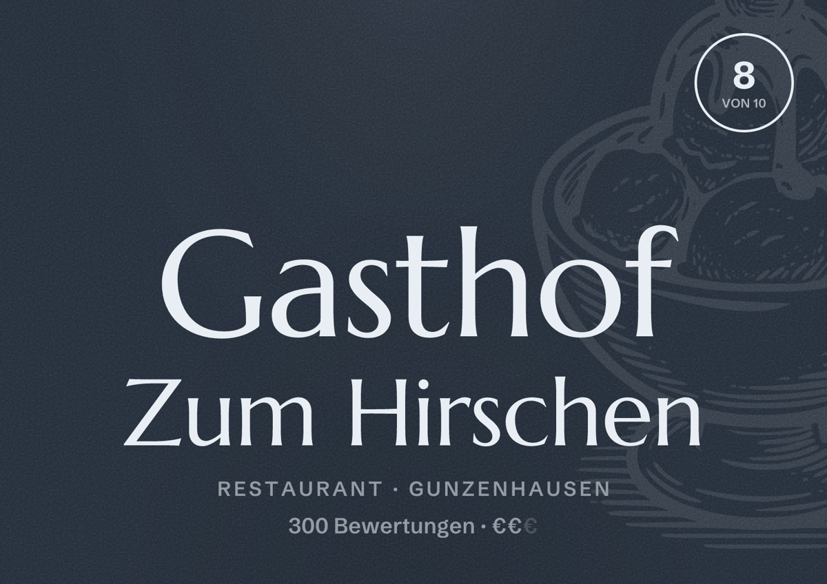 Illustriertes Poster von Gasthof Zum Hirschen, Restaurant in Gunzenhausen: Bewertung 8 von 10 aus 300 Bewertungen, Preisniveau €€