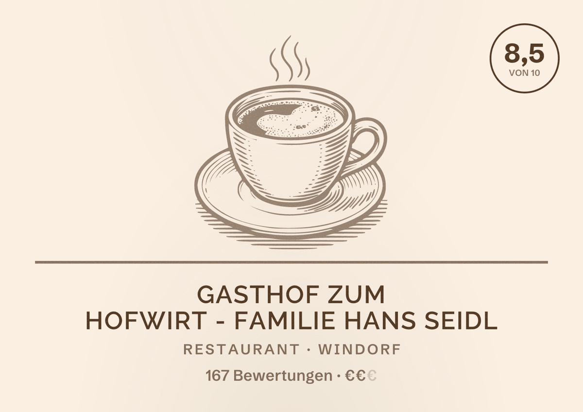 Illustriertes Poster von Gasthof Zum Hofwirt - Familie Hans Seidl, Restaurant in Windorf: Bewertung 8,5 von 10 aus 167 Bewertungen, Preisniveau €€