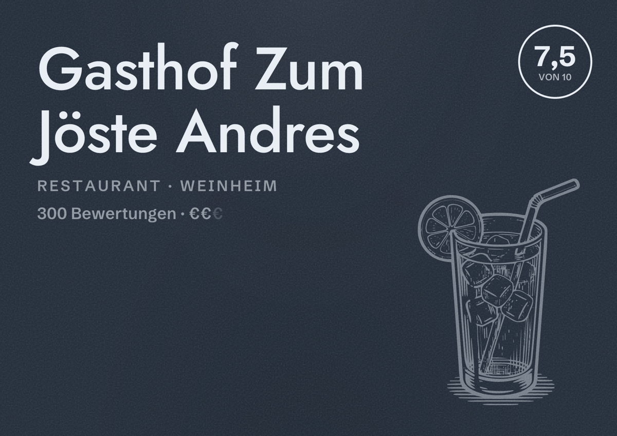 Illustriertes Poster von Gasthof Zum Jöste Andres, Restaurant in Weinheim: Bewertung 7,5 von 10 aus 300 Bewertungen, Preisniveau €€
