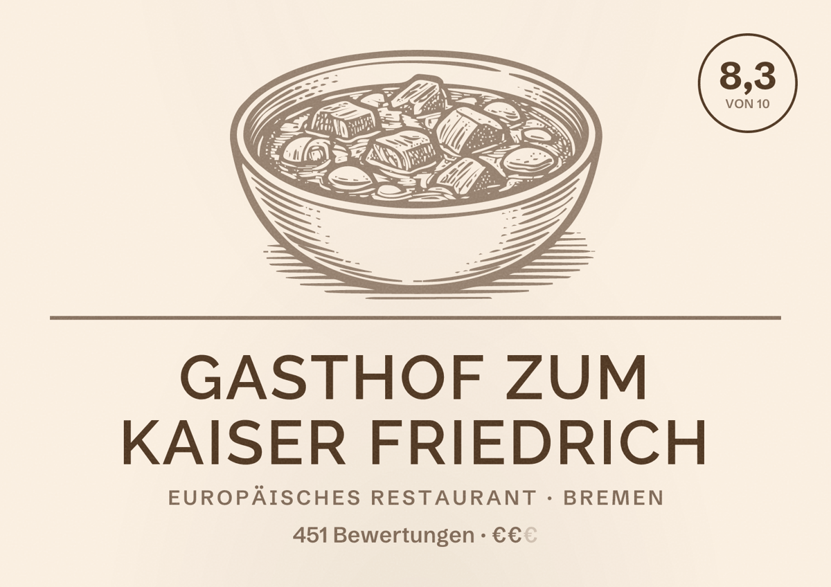 Illustriertes Poster von Gasthof zum Kaiser Friedrich, Europäisches Restaurant in Bremen: Bewertung 8,3 von 10 aus 451 Bewertungen, Preisniveau €€