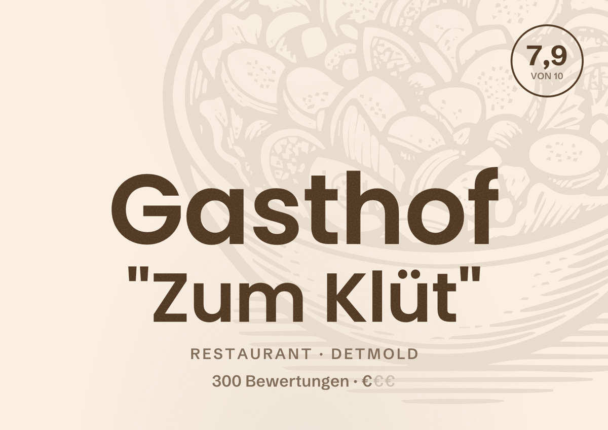 Illustriertes Poster von Gasthof "Zum Klüt", Restaurant in Detmold: Bewertung 7,9 von 10 aus 300 Bewertungen, Preisniveau €
