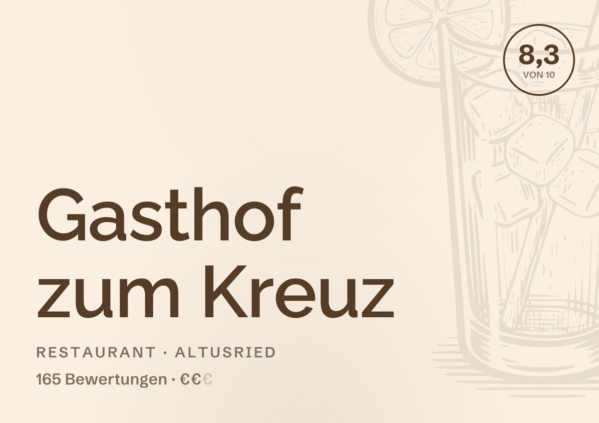 Illustriertes Poster von Gasthof zum Kreuz, Restaurant in Altusried: Bewertung 8,3 von 10 aus 165 Bewertungen, Preisniveau €€