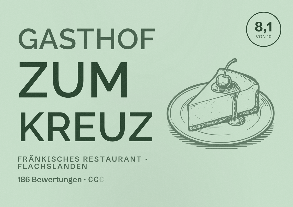 Illustriertes Poster von Gasthof Zum Kreuz, Fränkisches Restaurant in Flachslanden: Bewertung 8,1 von 10 aus 186 Bewertungen, Preisniveau €€