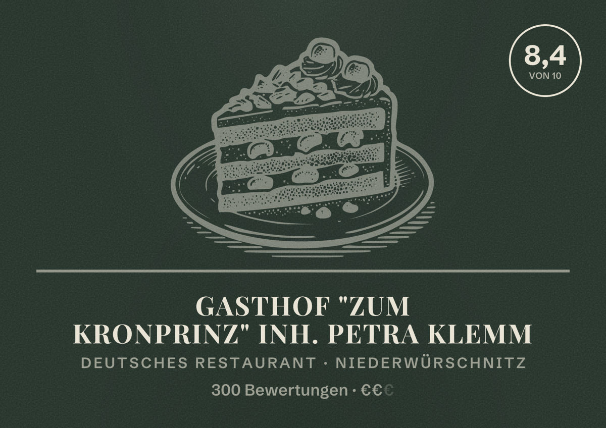 Illustriertes Poster von Gasthof "Zum Kronprinz" Inh. Petra Klemm, Deutsches Restaurant in Niederwürschnitz: Bewertung 8,4 von 10 aus 300 Bewertungen, Preisniveau €€